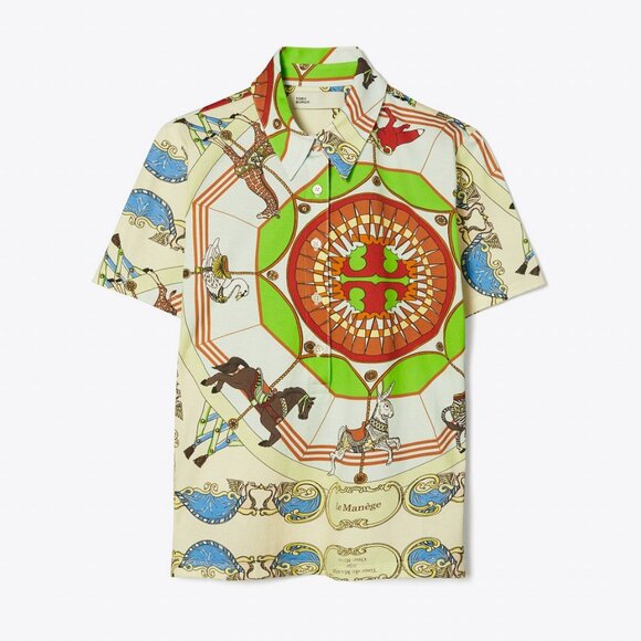 Tory Burch Carousel Printed Polo T Shirt Animal Green Blue Carnival Scarf M - Picture 1 of 16